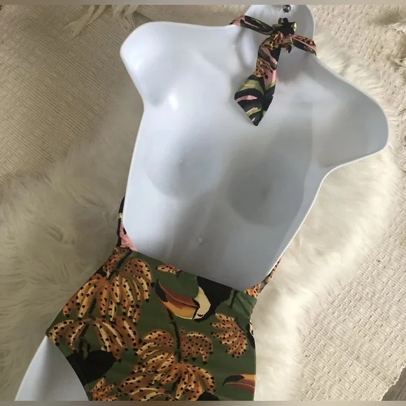 FARM RIO One Piece Swimsuit Toucananas Plunge Halter Bathing Suit Tropical NWT - Picture 7 of 9